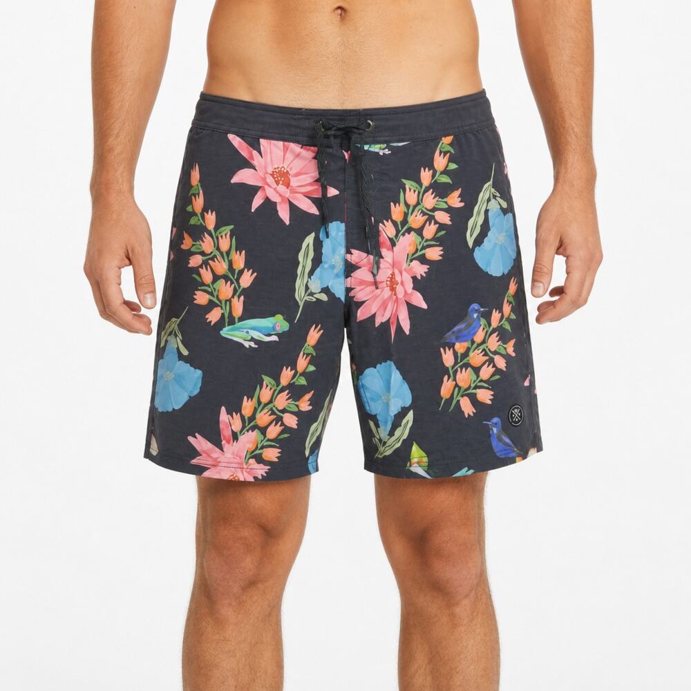 Roark Passage Boardshorts Mens 34 Black Floral Frog Bird Swim Trunks Stretch